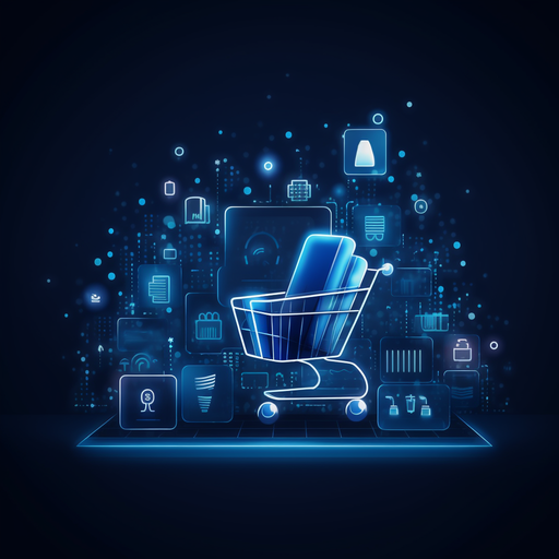 an illustration of a shopping cart on a laptop with icons around it